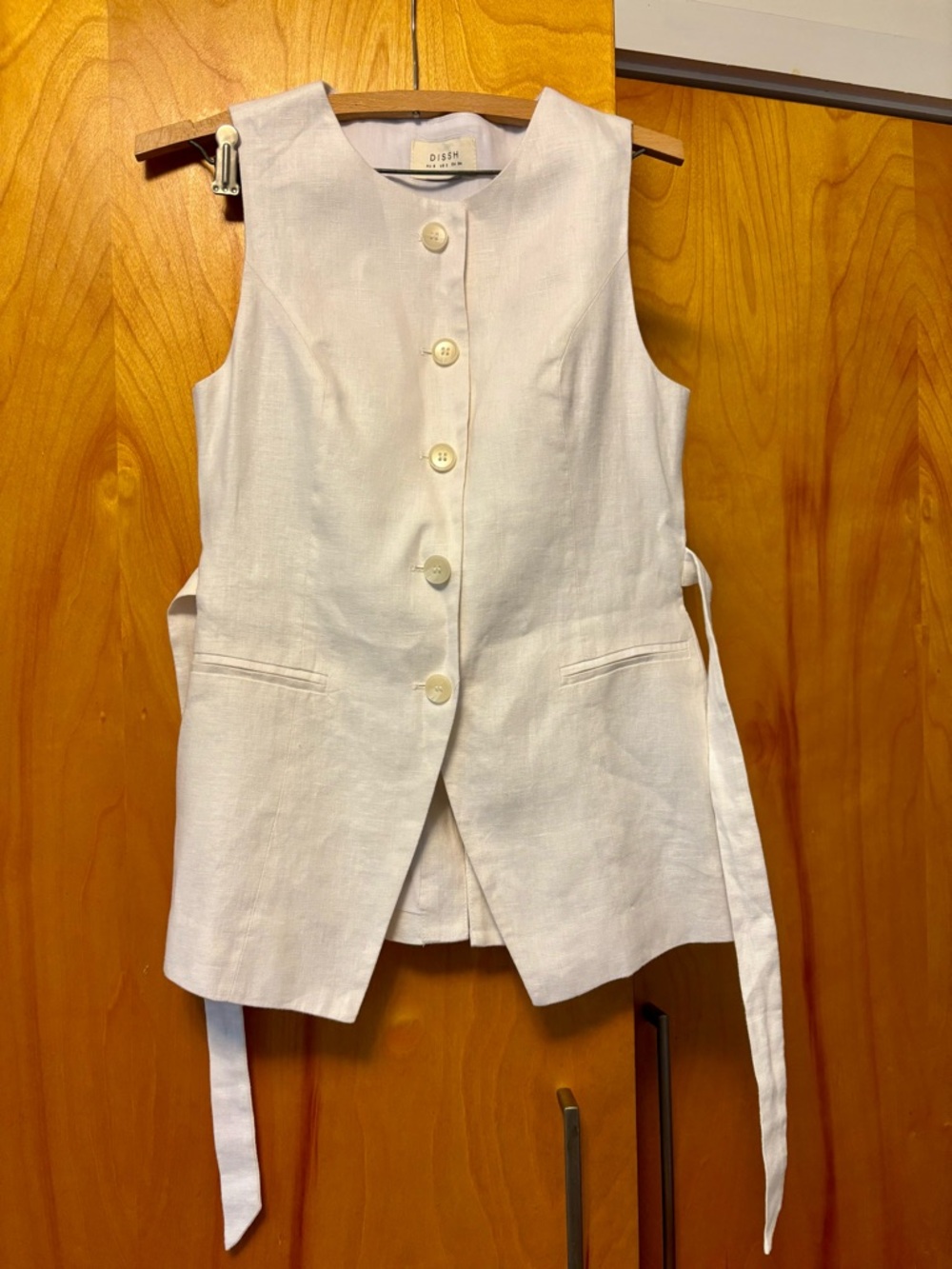 DISSH Alessia White Linen Vest Button Down Top with Belt - Picture 3 of 11
